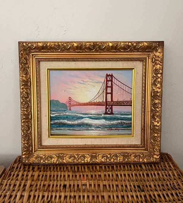 Tableau , peinture du pont du Golden Gate Bridge de San Francisco avec son cadre doré en bois