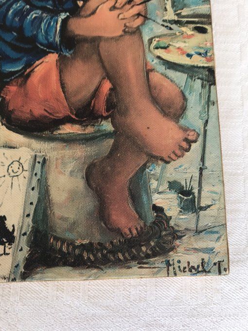 Tableau poulbot, Gavroche à St Tropez sur toile signé Michel T. Vintage