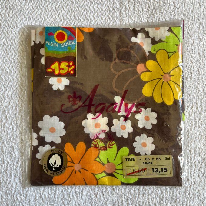 Taie d'oreiller vintage de la Marque Agalys, au motif Flower Power, typique des années 70 ! Neuve