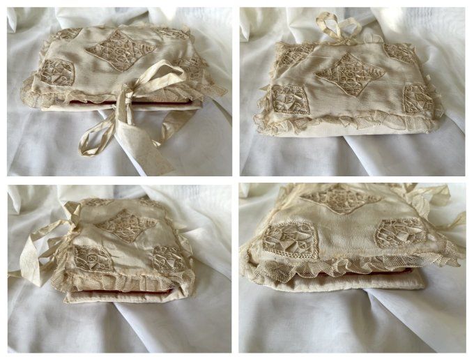 Très rare ! Ancienne couverture de livre en dentelle, tulle, soie ...