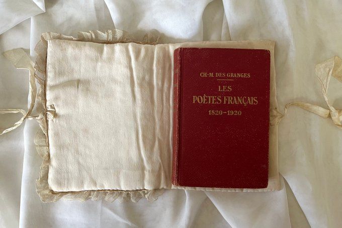 Très rare ! Ancienne couverture de livre en dentelle, tulle, soie ...