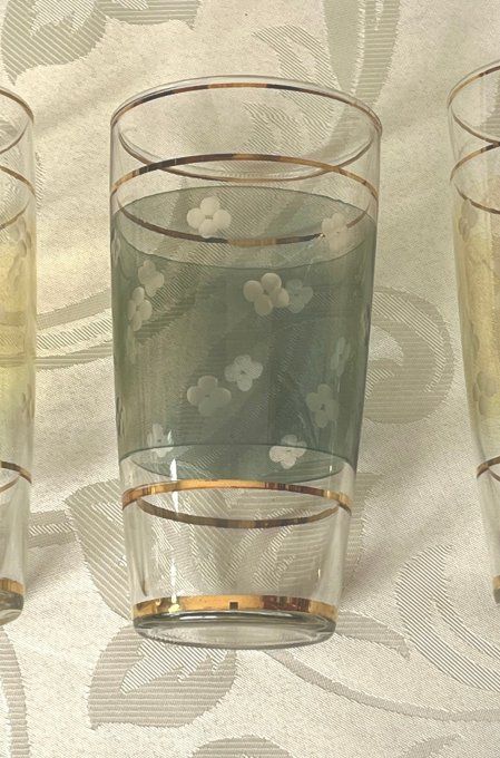 Trio de verres orangeade vintage teintés dans la masse à liserés dorés
