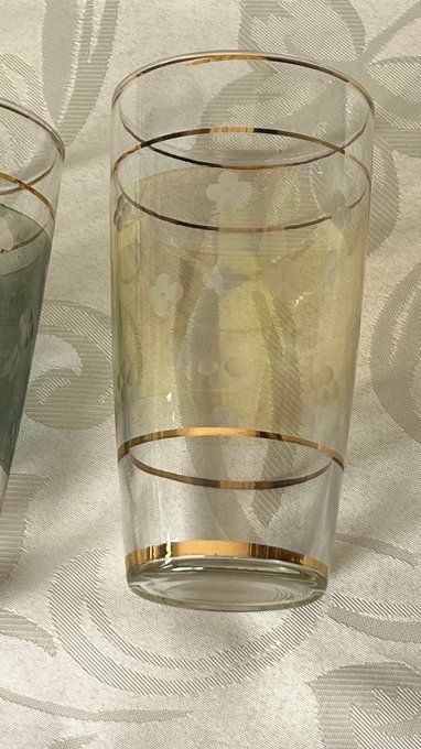 Trio de verres orangeade vintage teintés dans la masse à liserés dorés