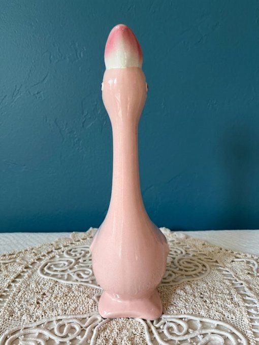 Vase / carafe décorative en céramique rose, oiseau stylisé, peint à la main