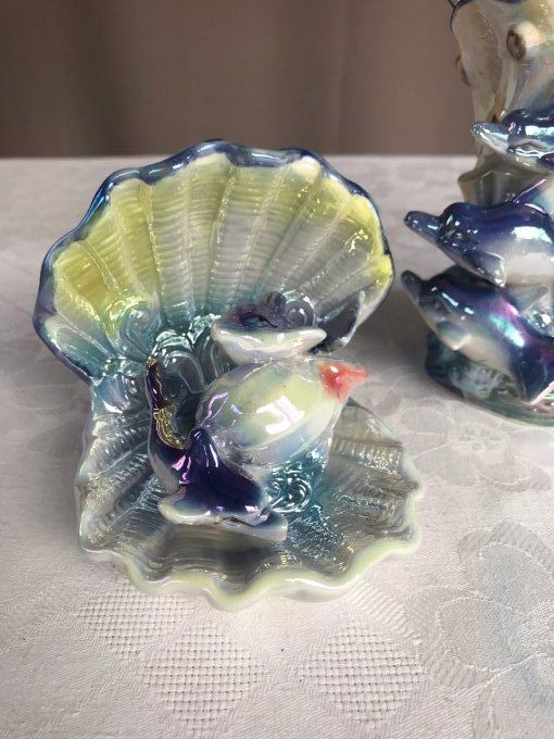 Lot vintage de 4 dauphins irisés, vase et déco + 1 sirène 