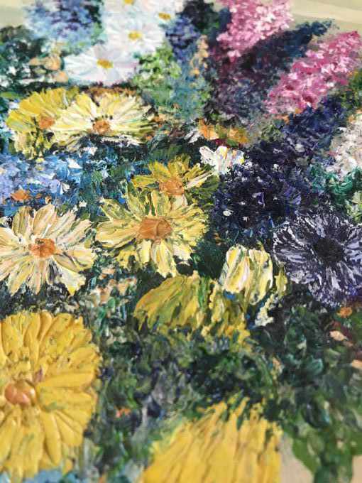 Peinture sur toile, bouquet de fleurs avec encadrement en bois