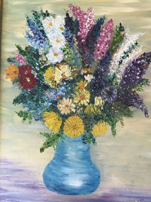 Peinture sur toile, bouquet de fleurs avec encadrement en bois