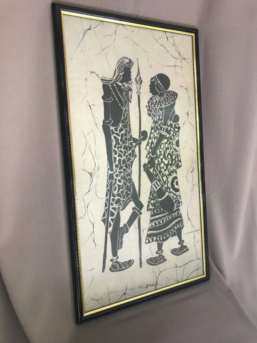 Peinture sur toile africaine, Batik kenyan avec cadre, Guerrier et femme