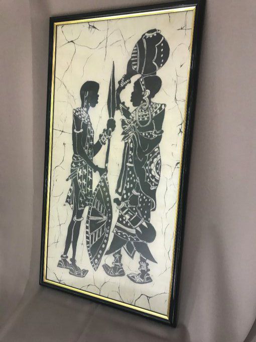 Peinture sur toile africaine, Batik kenyan avec cadre, Guerrier et porteuse d'eau