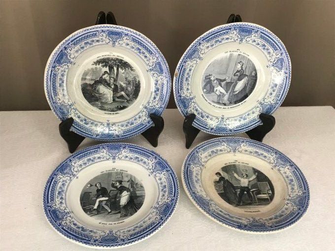 Anciennes assiettes parlantes,  Série "Les plaisirs du ménage" Creil et Montereau, XIX° siècle